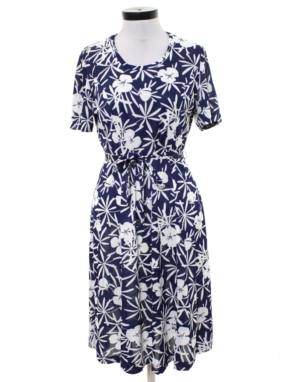 Vintage 70s Casualmaker Navy White Floral Knit Belted Dress Modern M/L